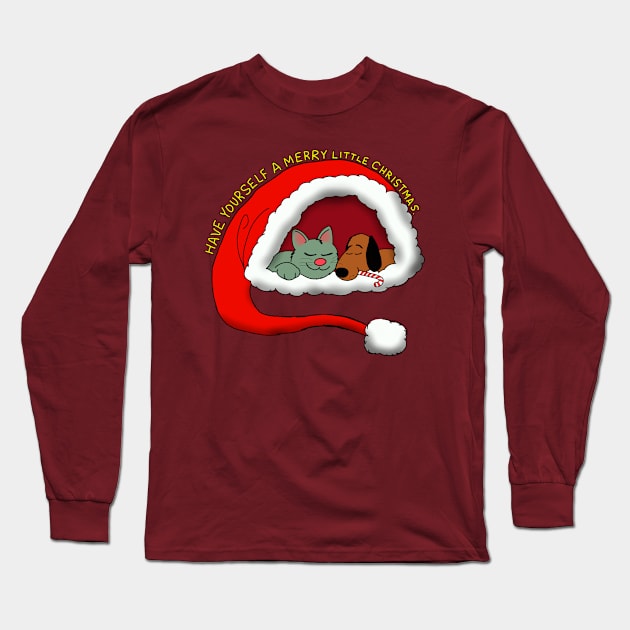 Merry Christmas puppy kitty Long Sleeve T-Shirt by wolfmanjaq